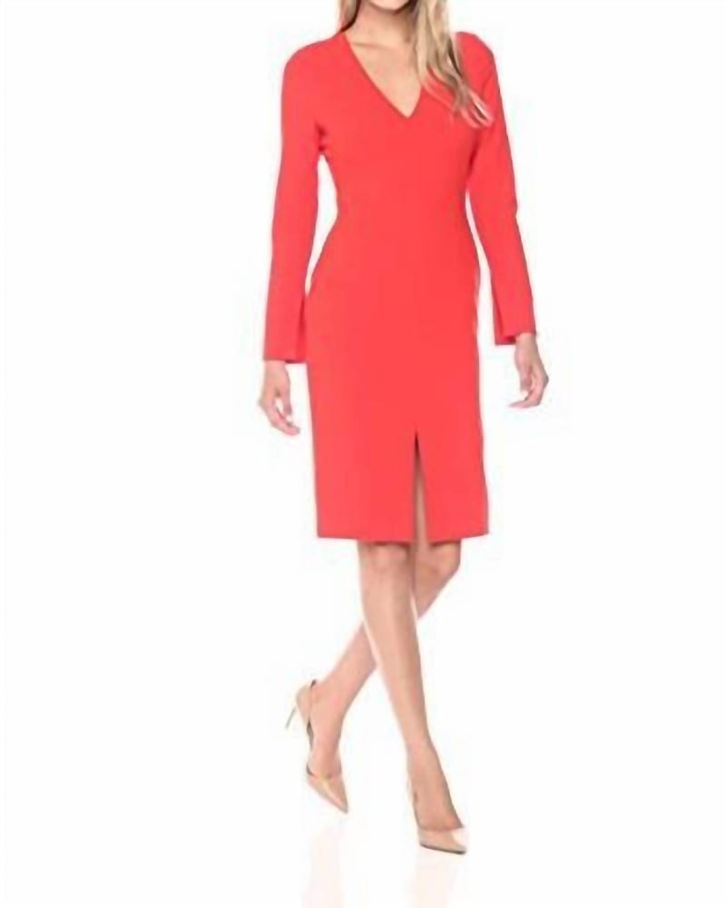 Front of a model wearing a size 10 Sambora Sheath Dress In Burnt Rose in Burnt Rose by Black Halo. | dia_product_style_image_id:345540
